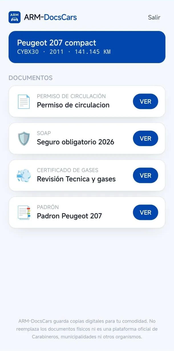 Documentos del vehículo guardados en la app: permiso de circulación, SOAP, revisión técnica y padrón